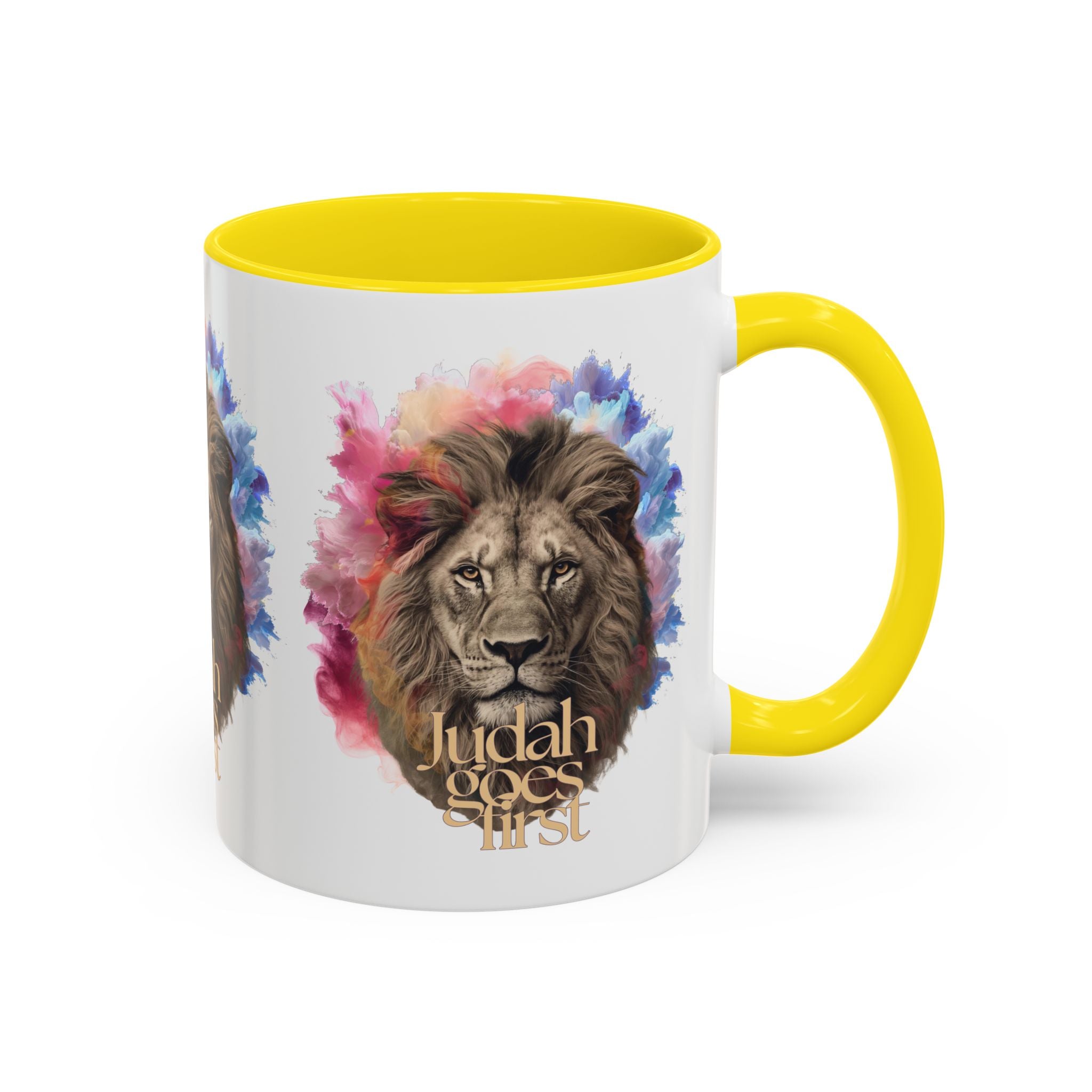 Judah Goes First Lion Coffee Mug — Colorful Christian Faith Accent Mug (11/15 oz)