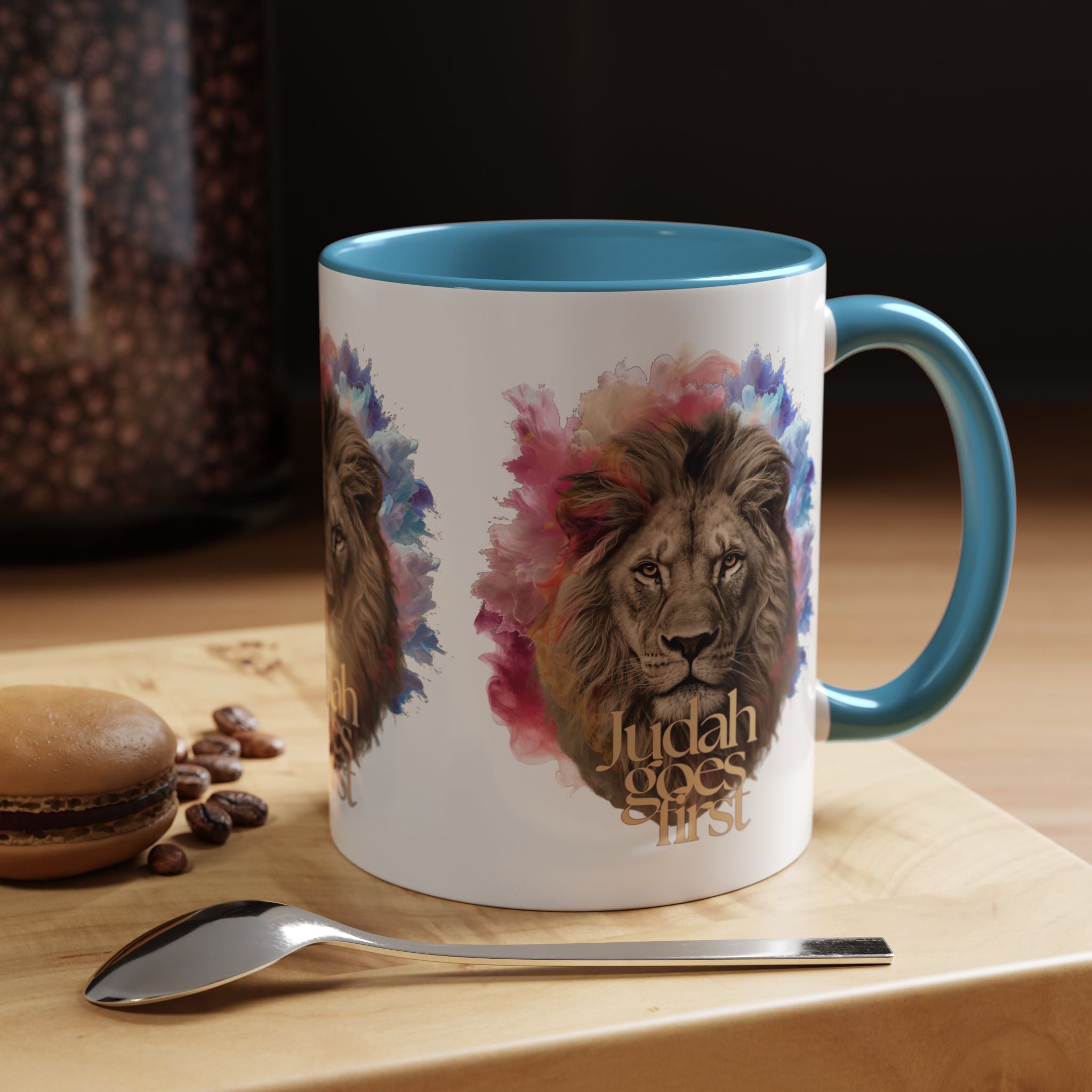 Judah Goes First Lion Coffee Mug — Colorful Christian Faith Accent Mug (11/15 oz)