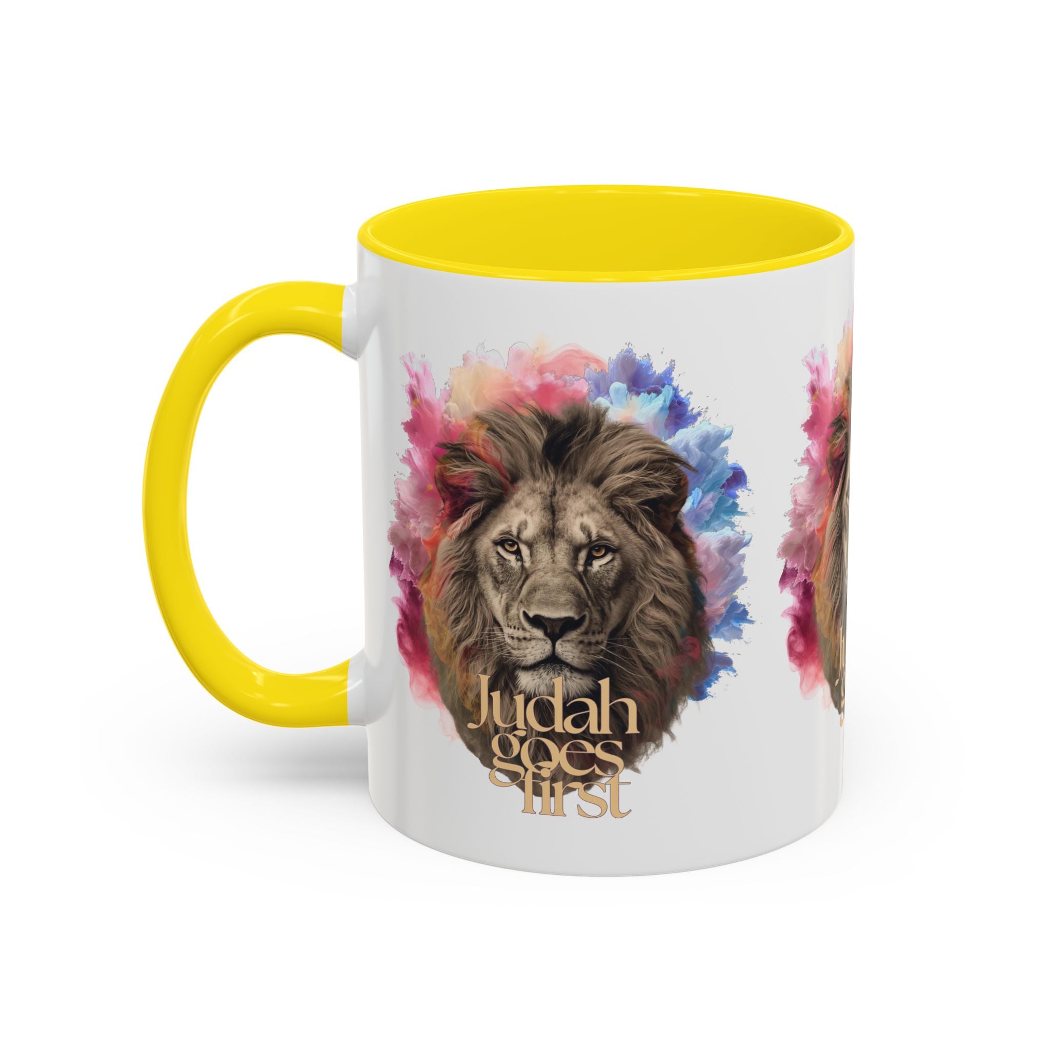 Judah Goes First Lion Coffee Mug — Colorful Christian Faith Accent Mug (11/15 oz)
