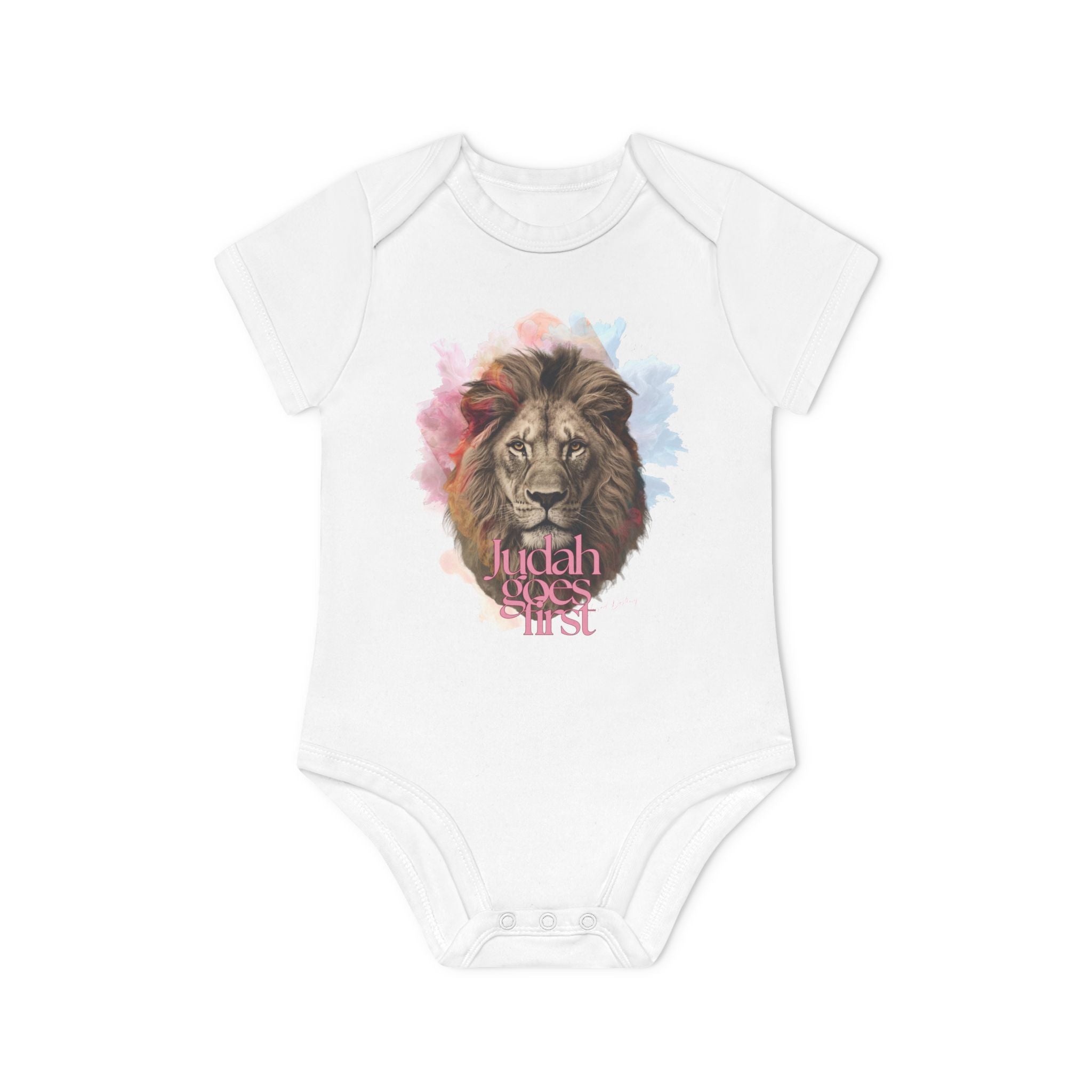 Lion Watercolor Baby Bodysuit – "Judah Reigns First" Organic Short Sleeve Onesie