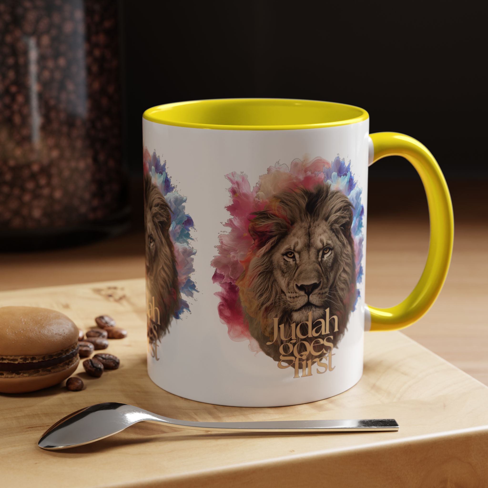 Judah Goes First Lion Coffee Mug — Colorful Christian Faith Accent Mug (11/15 oz)