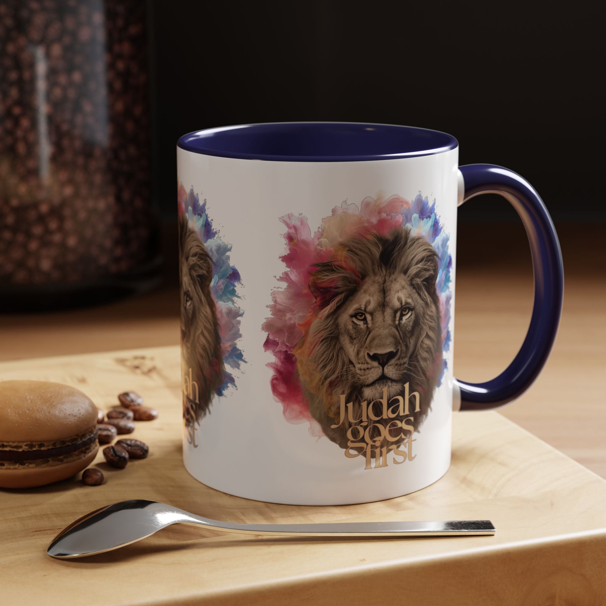 Judah Goes First Lion Coffee Mug — Colorful Christian Faith Accent Mug (11/15 oz)