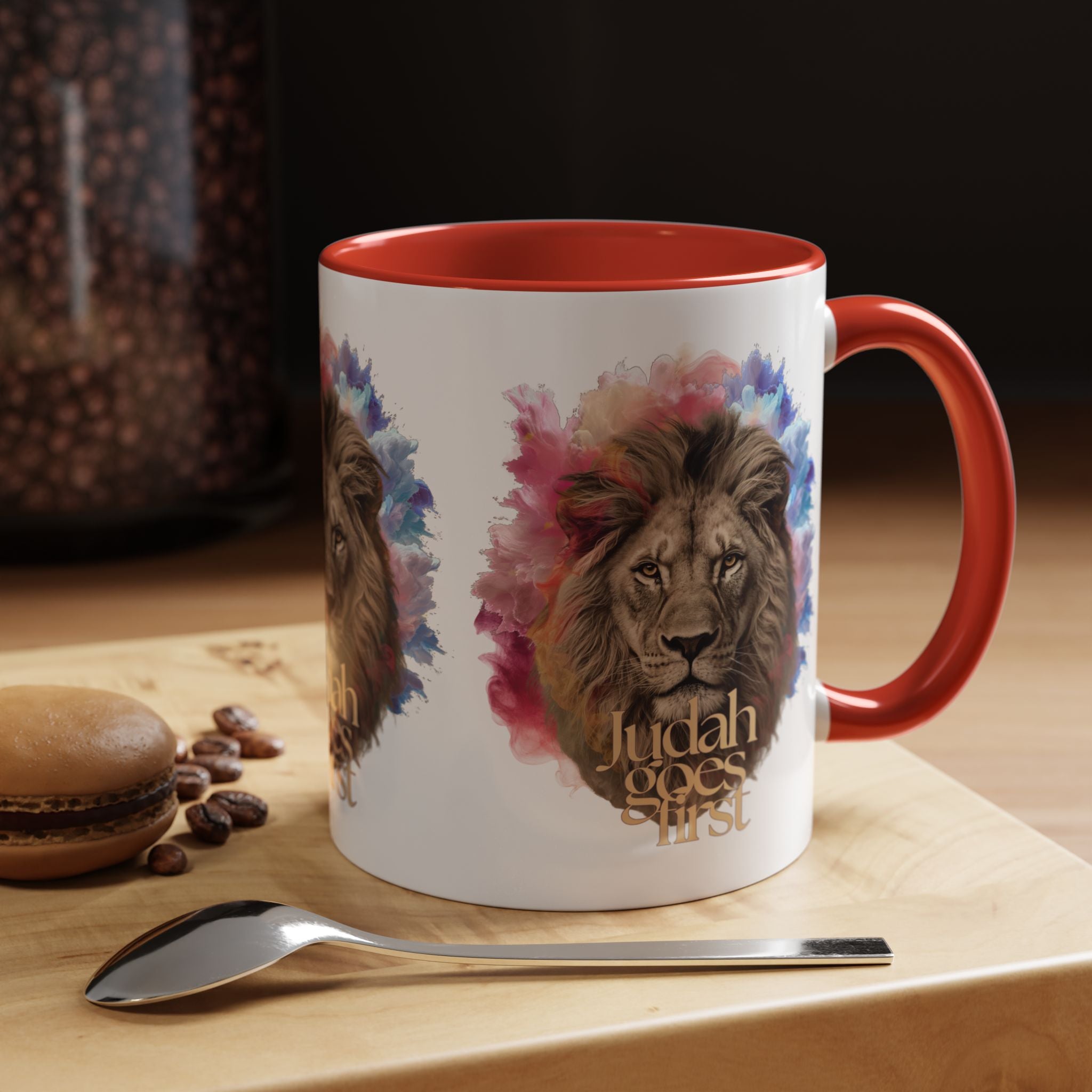Judah Goes First Lion Coffee Mug — Colorful Christian Faith Accent Mug (11/15 oz)