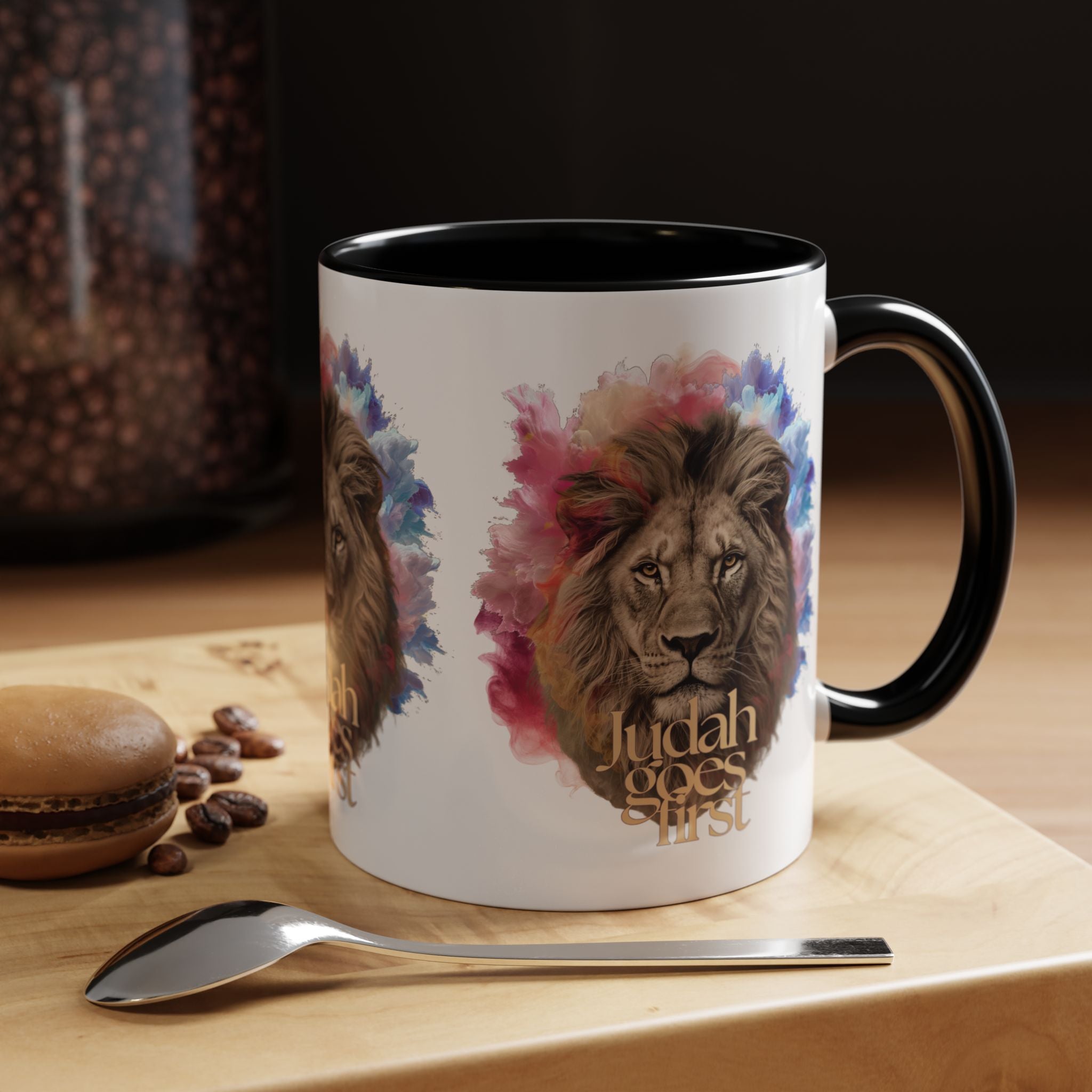 Judah Goes First Lion Coffee Mug — Colorful Christian Faith Accent Mug (11/15 oz)