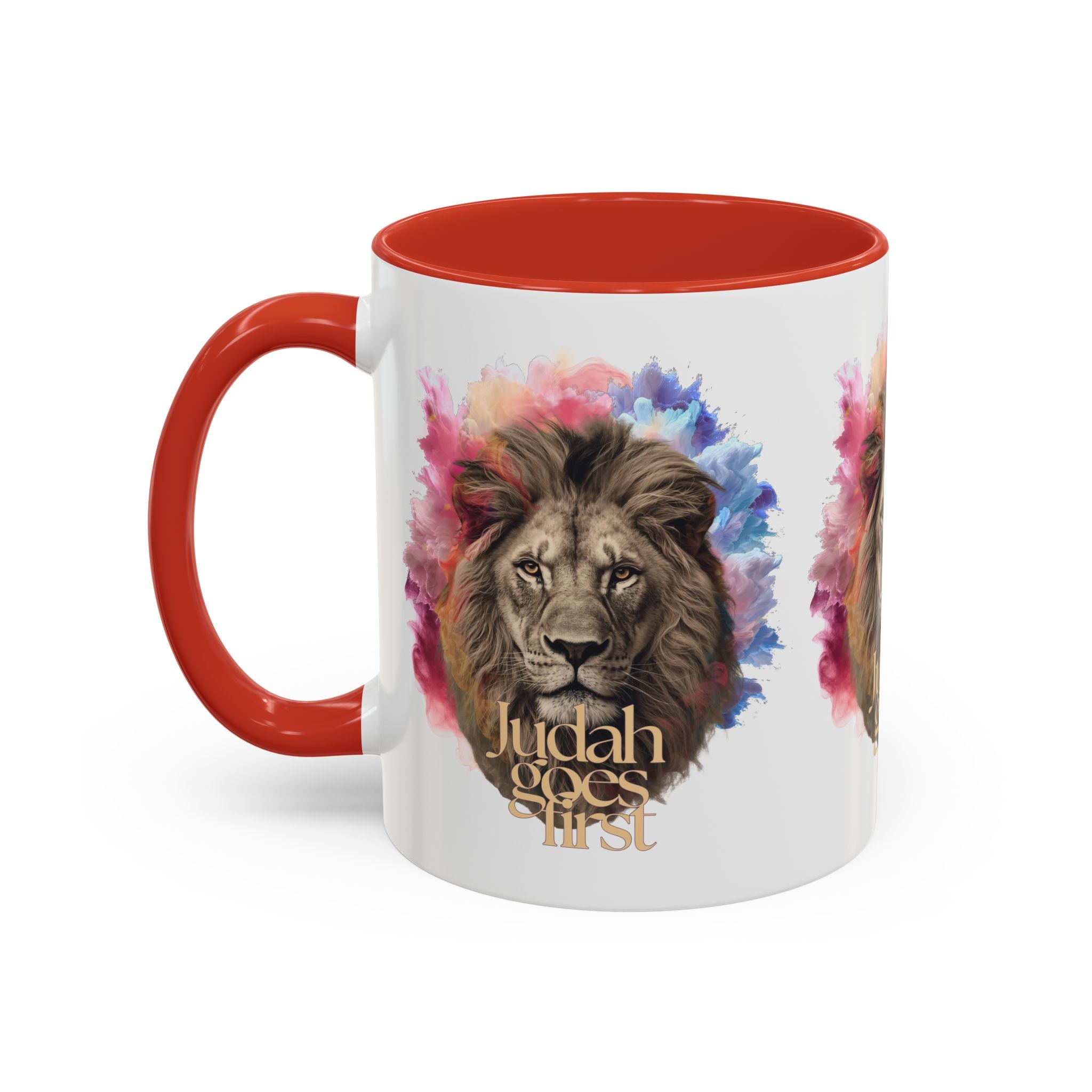 Judah Goes First Lion Coffee Mug — Colorful Christian Faith Accent Mug (11/15 oz)