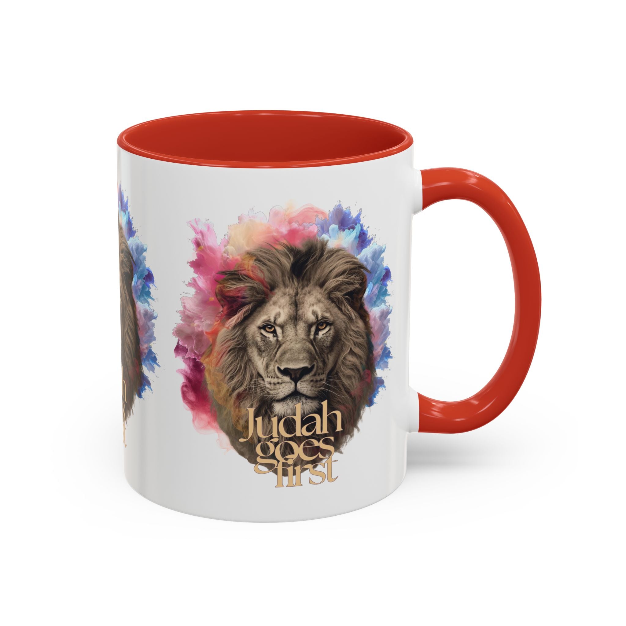 Judah Goes First Lion Coffee Mug — Colorful Christian Faith Accent Mug (11/15 oz)