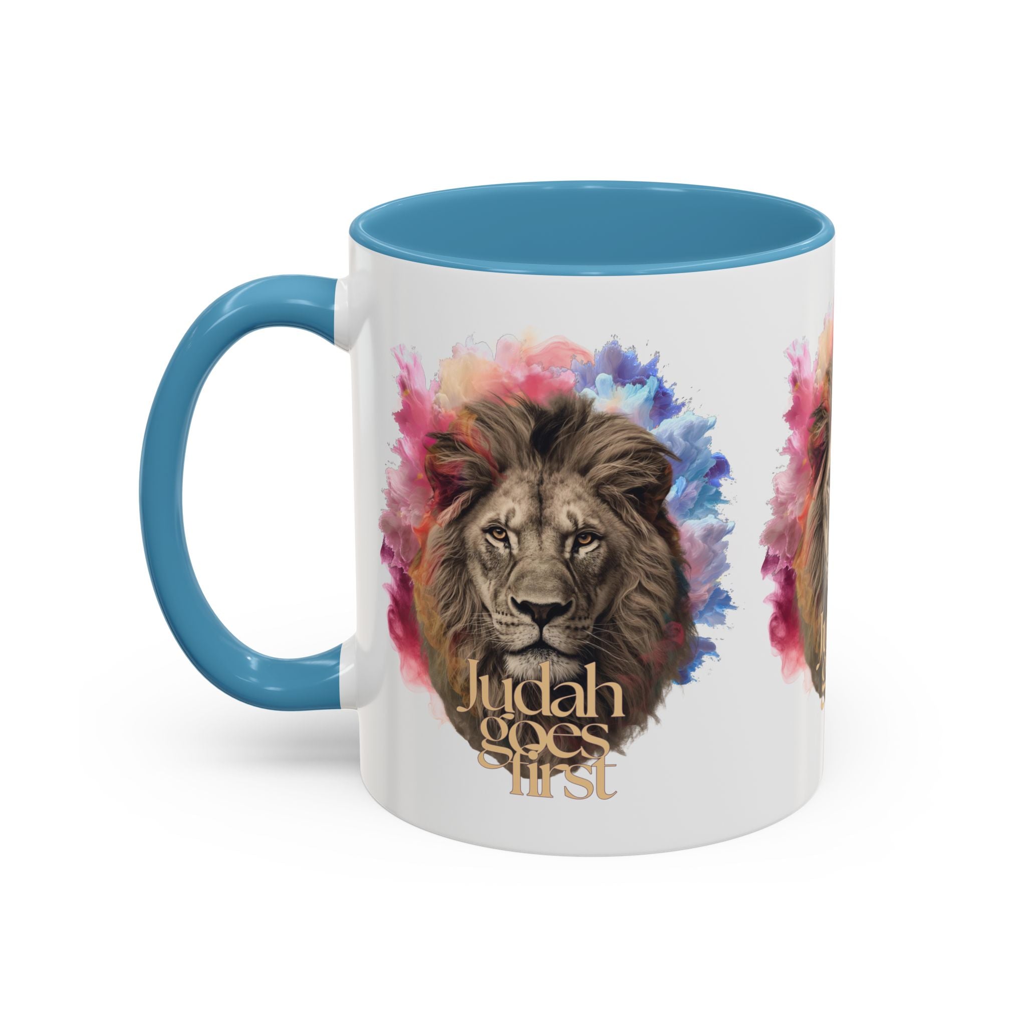 Judah Goes First Lion Coffee Mug — Colorful Christian Faith Accent Mug (11/15 oz)