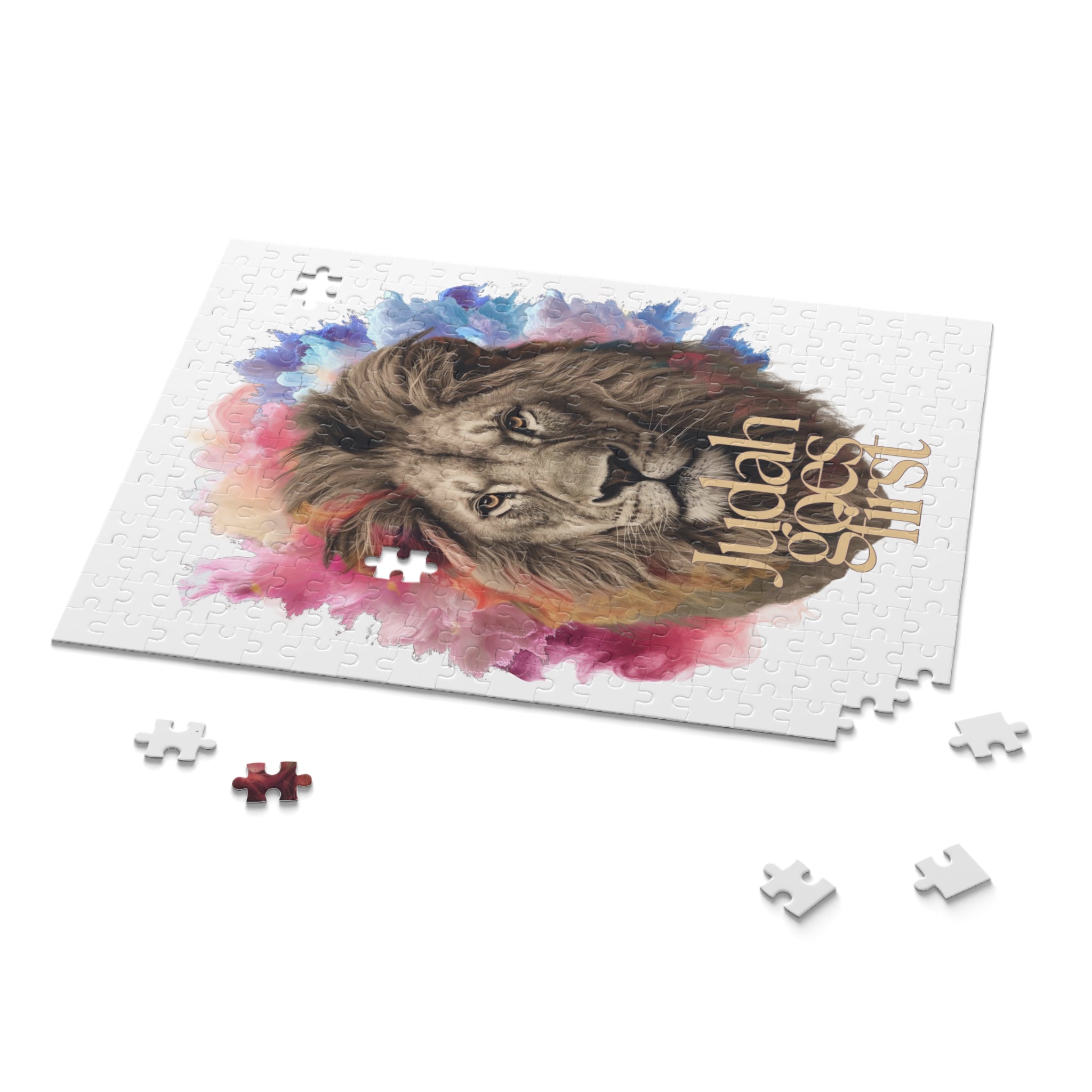 Lion Portrait Puzzle — "Judah Goes First" Inspirational Art Jigsaw (120/252/500 pcs)