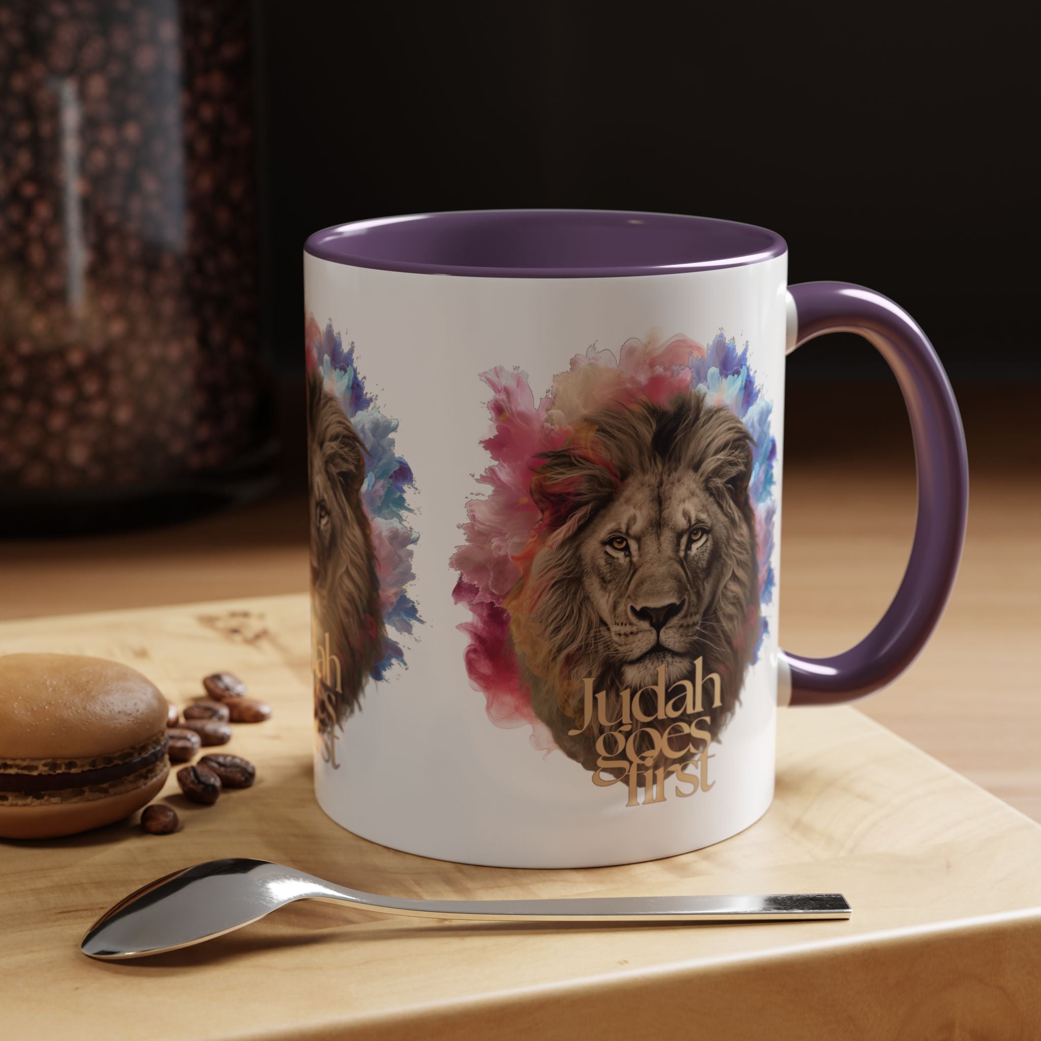 Judah Goes First Lion Coffee Mug — Colorful Christian Faith Accent Mug (11/15 oz)
