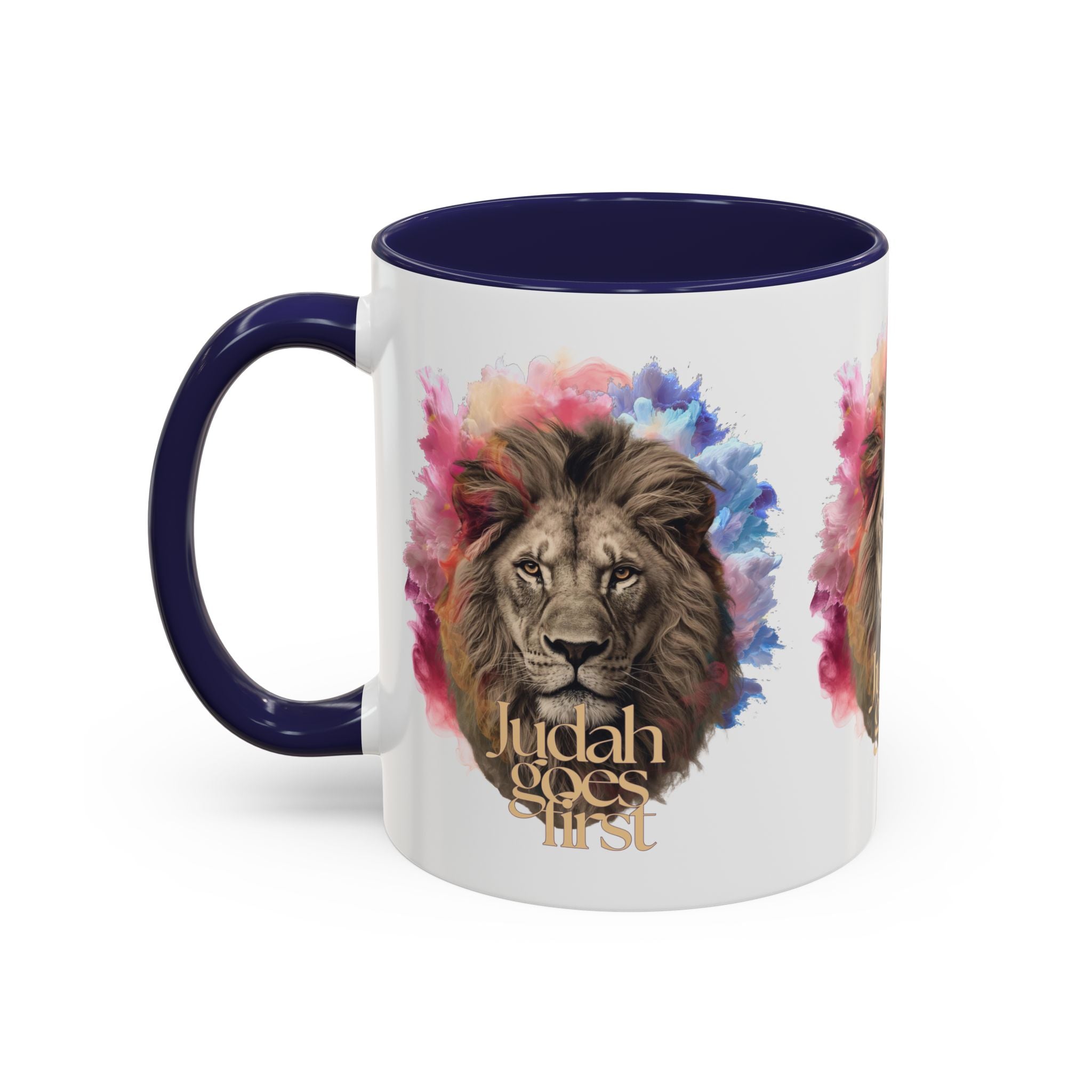 Judah Goes First Lion Coffee Mug — Colorful Christian Faith Accent Mug (11/15 oz)