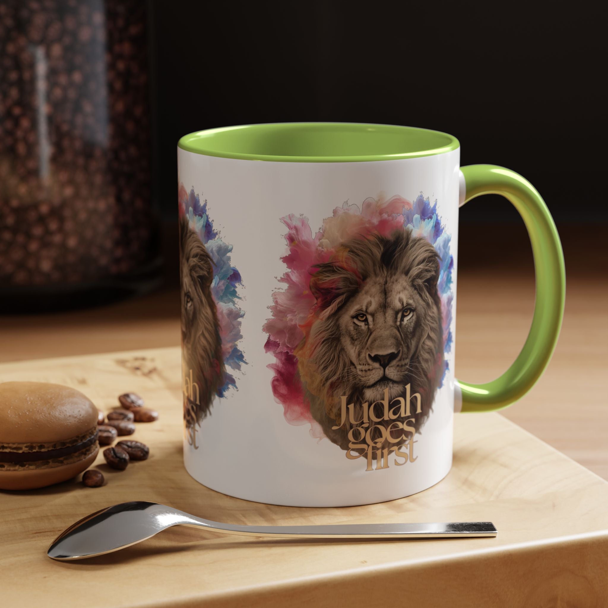 Judah Goes First Lion Coffee Mug — Colorful Christian Faith Accent Mug (11/15 oz)