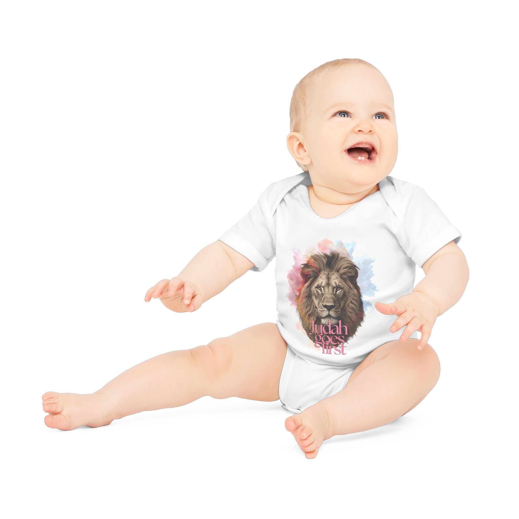 Lion Watercolor Baby Bodysuit – "Judah Reigns First" Organic Short Sleeve Onesie