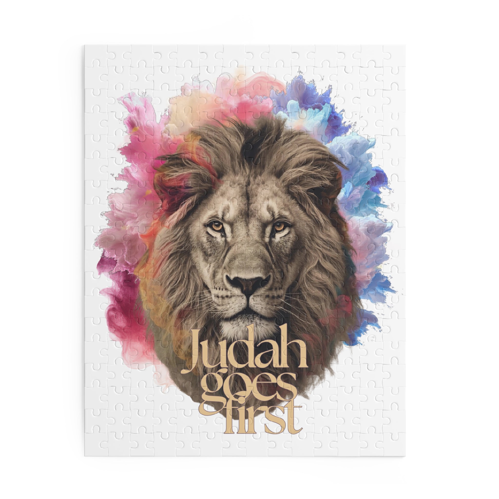 Lion Portrait Puzzle — "Judah Goes First" Inspirational Art Jigsaw (120/252/500 pcs)